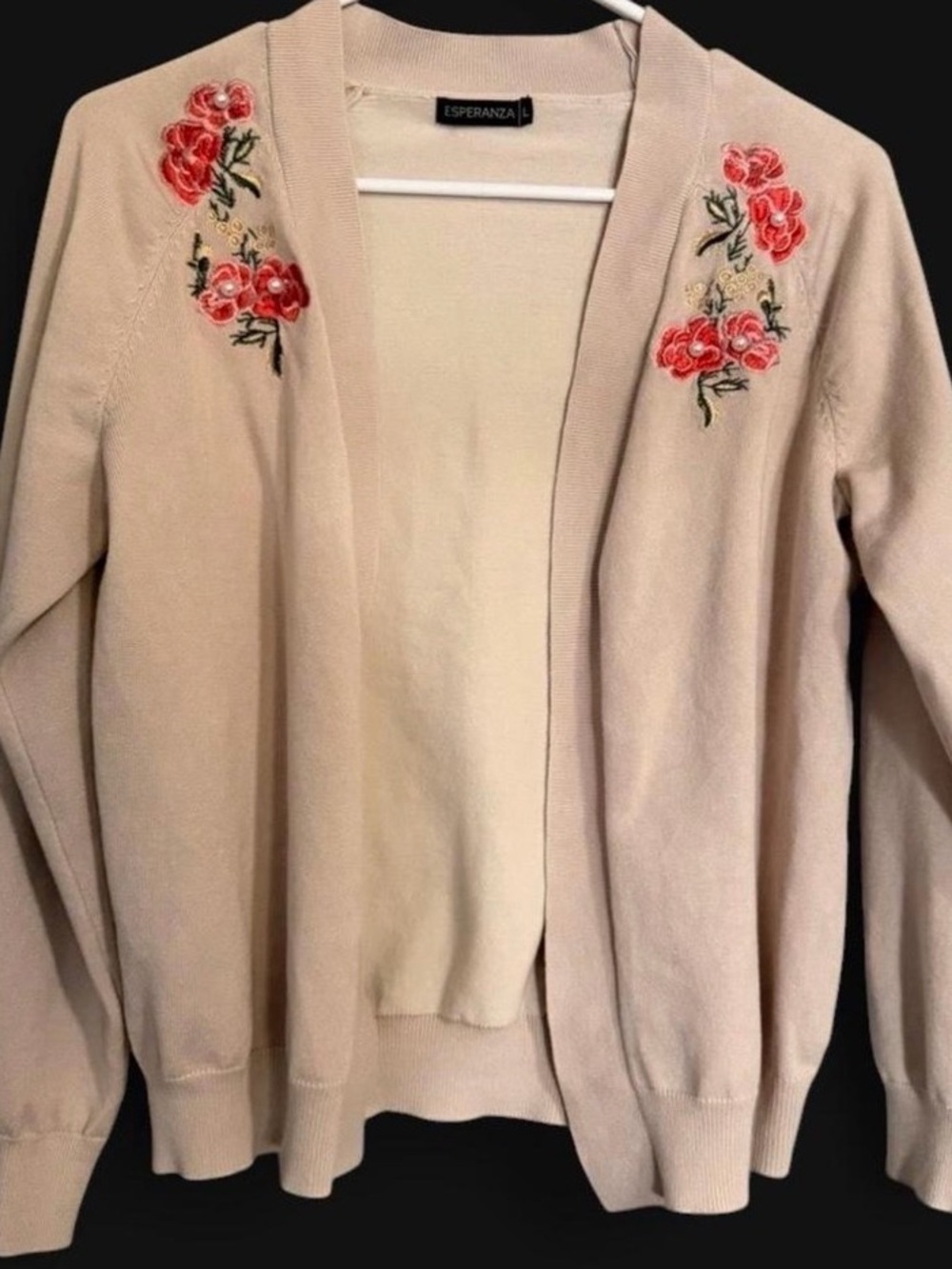 Esperanza Cream Open-Front Cardigan with Pink Rose Embroidery